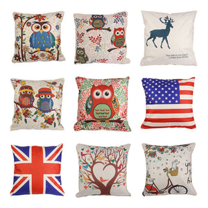 18*18" Vintage Owl Floral Linen Cotton Cushion Cover Throw Pillow Case Sofa Home Decoration