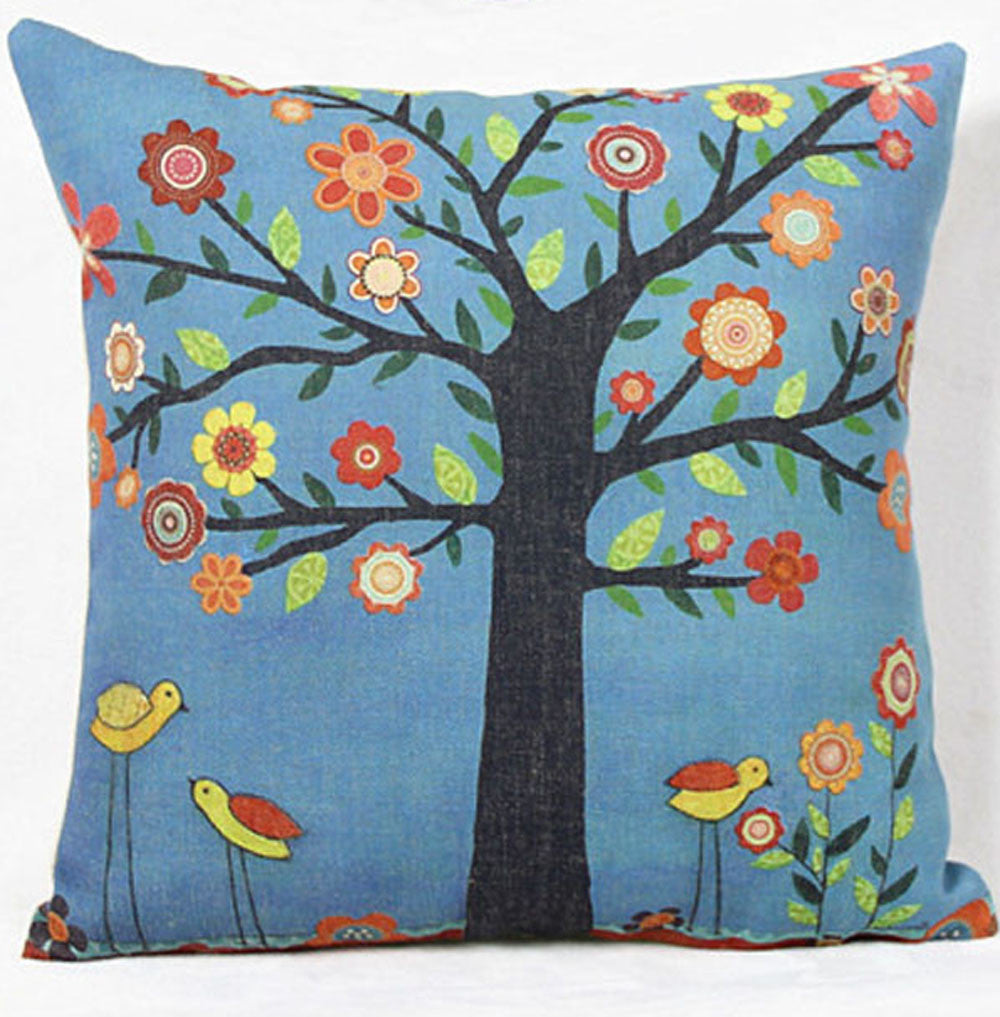 Tree Flower Floral Cotton Sofa Pillowcase Cushion Cover